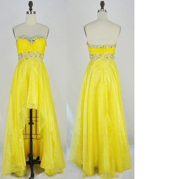 A-line Sweetheart Chiffon Asymmetrical Crystal Detailing Sequins High Low Yellow Long Prom Dresses