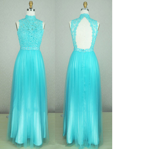 A-line High Neck Tulle Floor-length Appliques Lace Sweet Flow Teal Long Prom Dresses