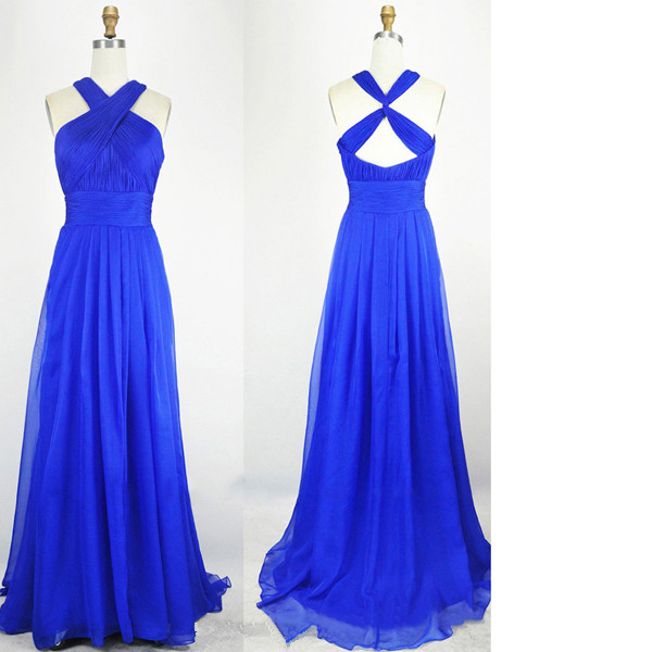 A-line V-neck Chiffon Sweep Train Pleats Open Back Royal Blue Long Prom Dresses