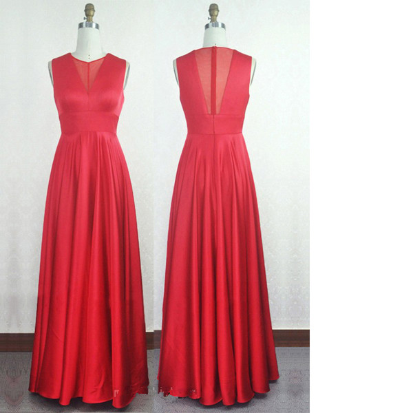 A-line Scoop Neck Silk-like Satin Floor-length Ruffles Red Long Prom Dresses