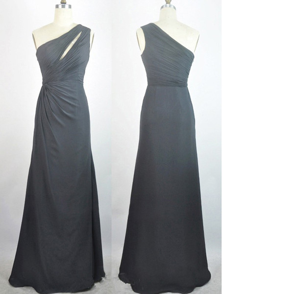 Sheath/column One Shoulder Chiffon Floor-length Pleats Vintage Gray Long Prom Dresses