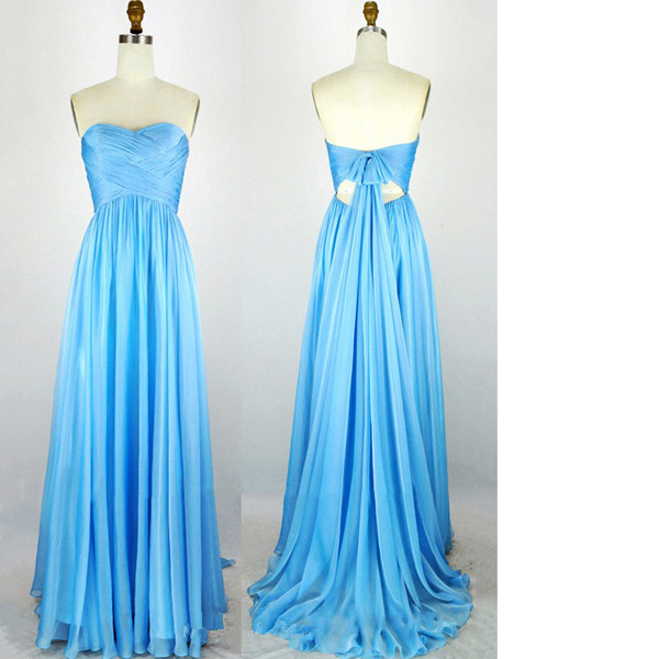 A-line Sweetheart Chiffon Sweep Train Pleats Sleeveless Blue Open Back Long Prom Dresses