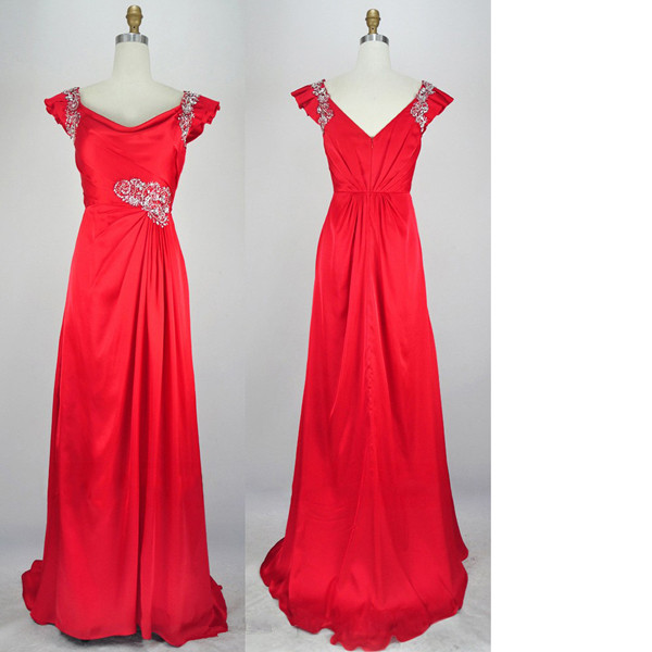 A-line Cowl Neck Chiffon Floor-length Beading Sequins Ruffles Red Long Prom Dresses