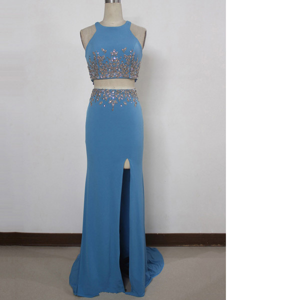 Trumpet/mermaid Scoop Neck Silk-like Satin Sweep Train Split Front Blue Long Prom Dresses