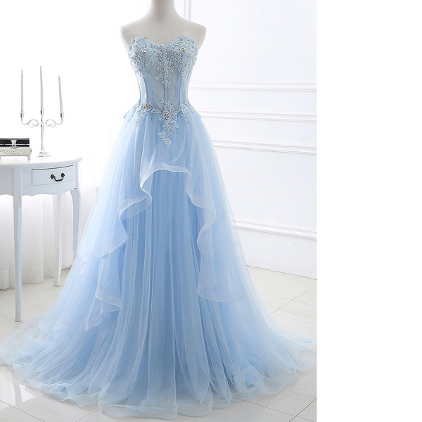 Princess Sweetheart Lace Tulle Sweep Train Appliques Lace Lace-up Blue Long Prom Dresses