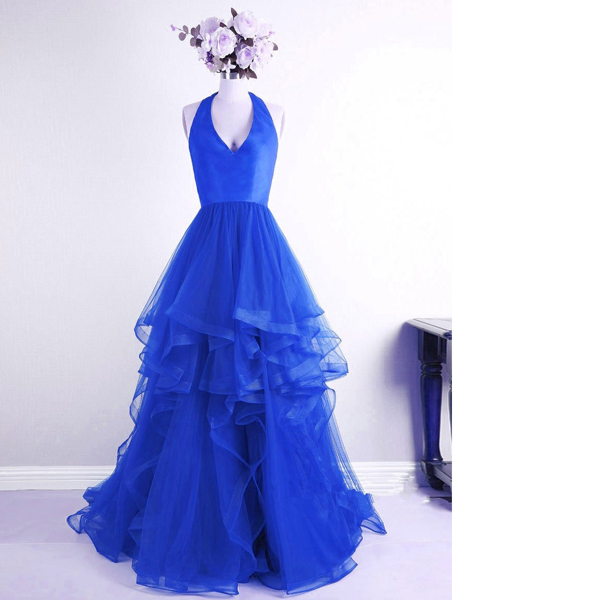 Princess Halter Organza Sweep Train Cascading Ruffles Elegant Royal Blue Long Prom Dresses