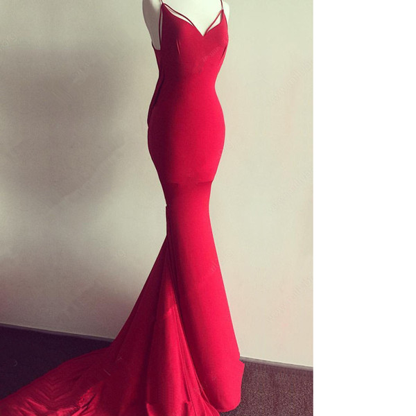 Trumpet/mermaid V-neck Jersey Sweep Train Ruffles Open Back Red Long Prom Dresses