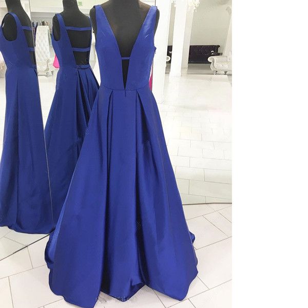 A-line V-neck Satin Floor-length Ruffles Open Back Royal Blue Long Prom Dresses