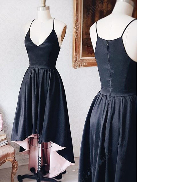 A-line V-neck Satin Asymmetrical Ruffles Black Long Prom Dresses