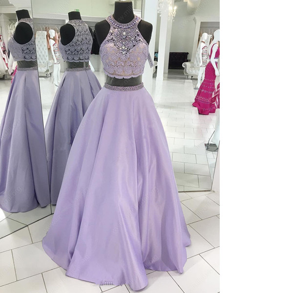 Ball Gown Scoop Neck Lace Satin Floor-length Beading Lavender Elegant Long Prom Dresses