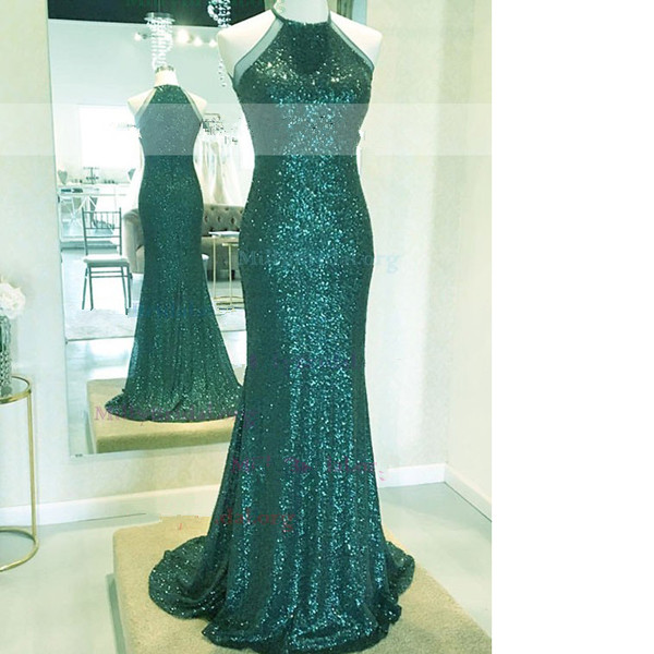 Sheath/column Scoop Neck Sequined Sweep Train Sparkle Shine Emerald Long Prom Dresses