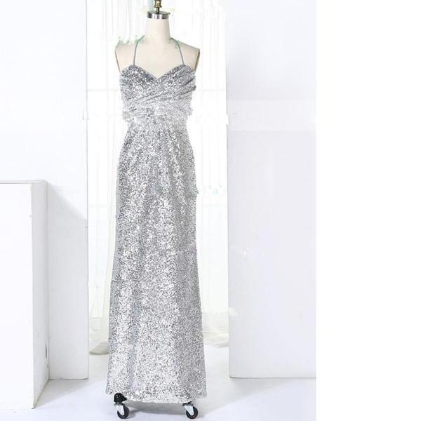 Empire Halter Sequined Floor-length Ruffles Sparkle Shine Silver Long Prom Dresses