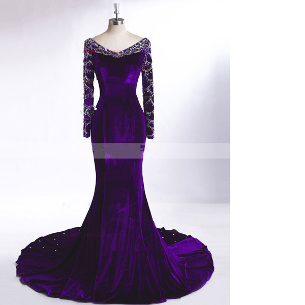 Trumpet/mermaid V-neck Velvet Court Train Beading Purple Long Prom Dresses