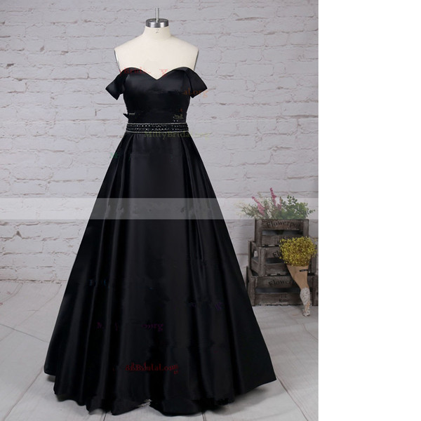 Princess Off-the-shoulder Satin Floor-length Beading Black Long Prom Dresses