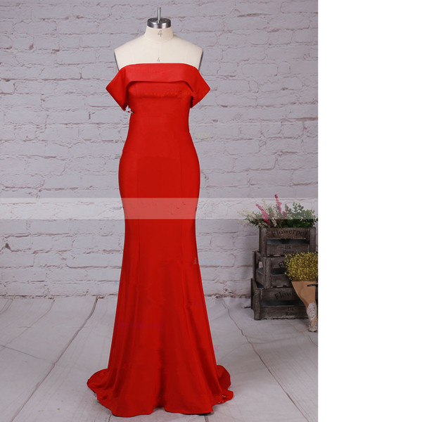 Sheath/column Off-the-shoulder Jersey Sweep Train Red Elegant Long Prom Dresses