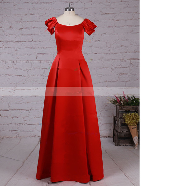 A-line Scoop Neck Satin Floor-length Red Elegant Long Prom Dresses