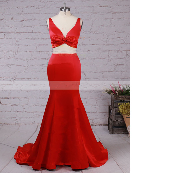 Trumpet/mermaid V-neck Satin Sweep Train Ruffles Two-pieces Red Long Prom Dresses