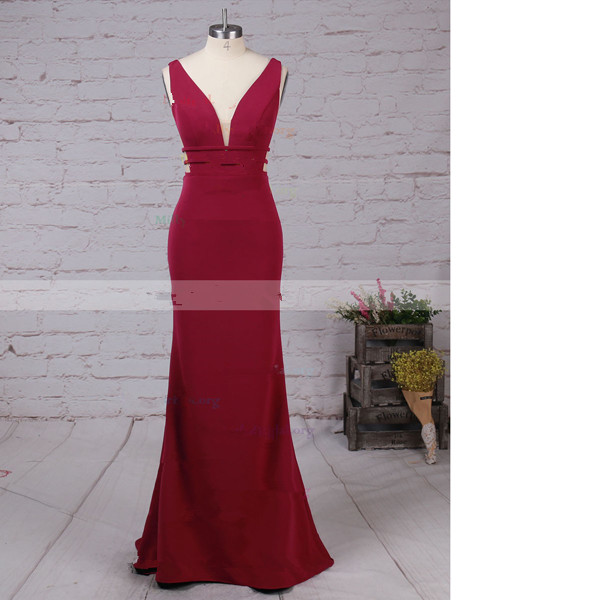 Sheath/column V-neck Tulle Elastic Woven Satin Sweep Train Red Long Prom Dresses