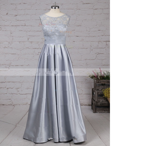 Princess Scoop Neck Lace Satin Floor-length Pockets Sequins Silver Long Prom Dresses