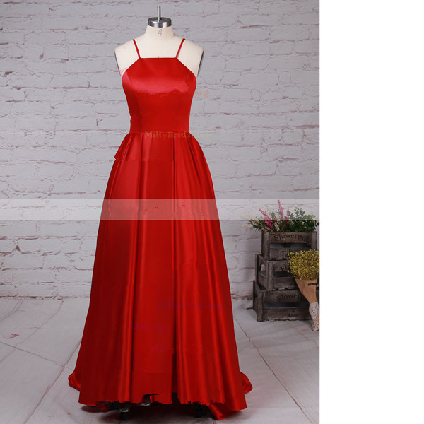 Ball Gown Scoop Neck Satin Asymmetrical High Low Red Long Prom Dresses