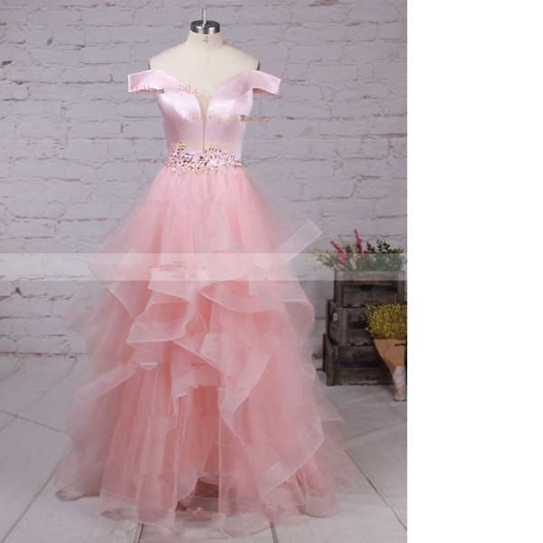 Ball Gown Off-the-shoulder Satin Organza Floor-length Beading Cascading Ruffles Pink Long Prom Dresses