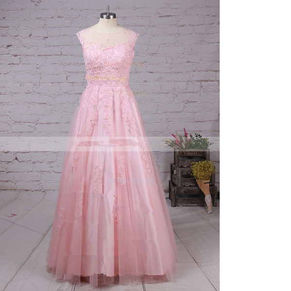 Princess Scoop Neck Tulle Floor-length Appliques Lace Sweet Flow Pink Long Prom Dresses