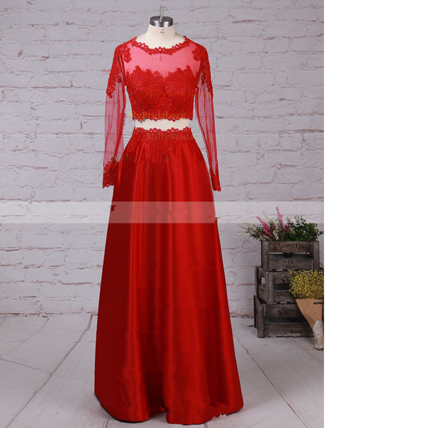 A-line Scoop Neck Satin Tulle Floor-length Appliques Lace Two-pieces Red Lone Prom Dresses