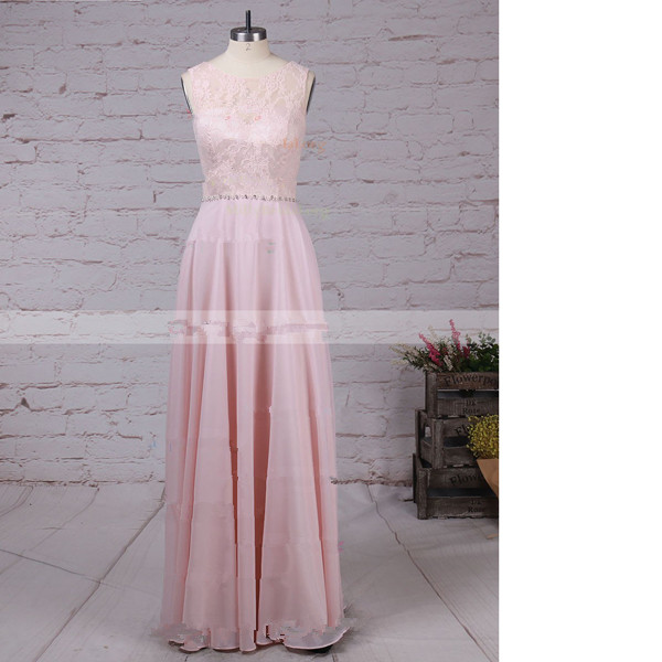 A-line Scoop Neck Lace Chiffon Floor-length Beading Sweet Flow Pink Long Prom Dresses