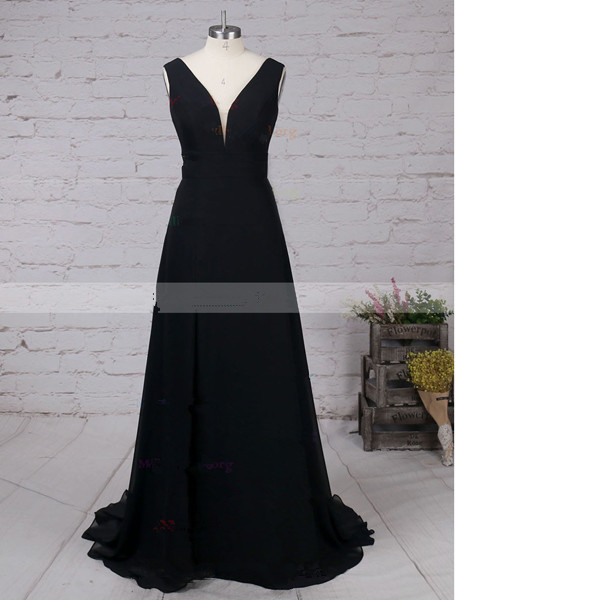 A-line V-neck Chiffon Sweep Train Open Back Split Front Black Long Prom Dresses