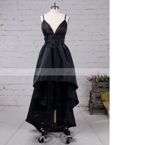 A-line V-neck Satin Asymmetrical Open Back High Low Black Long Prom Dresses
