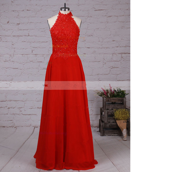 A-line High Neck Lace Chiffon Floor-length Beading Open Back Red Long Prom Dresses