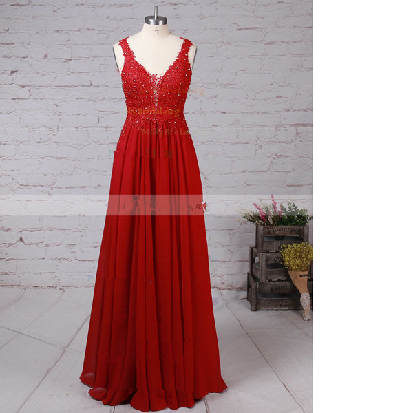 A-line V-neck Chiffon Tulle Floor-length Beading Appliques Lace Elegant Red Long Prom Dresses
