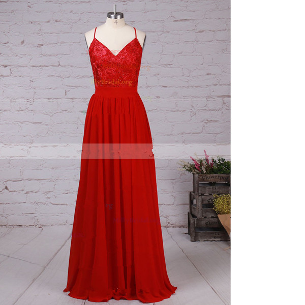 A-line V-neck Chiffon Floor-length Beading Open Back Red Long Prom Dresses