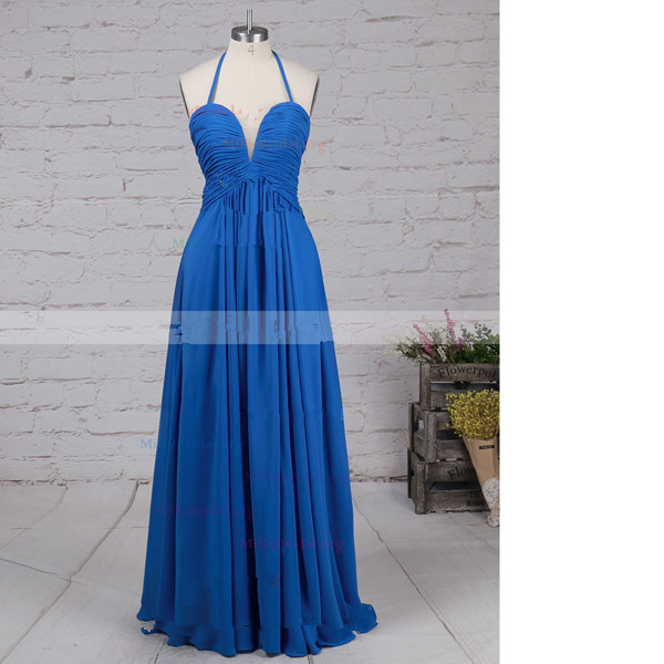 A-line Halter Chiffon Floor-length Ruffles Open Back Royal Blue Long Prom Dresses