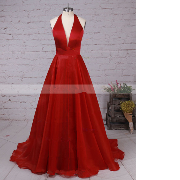Princess Halter Satin Organza Sweep Train Draped Open Back Red Long Prom Dresses