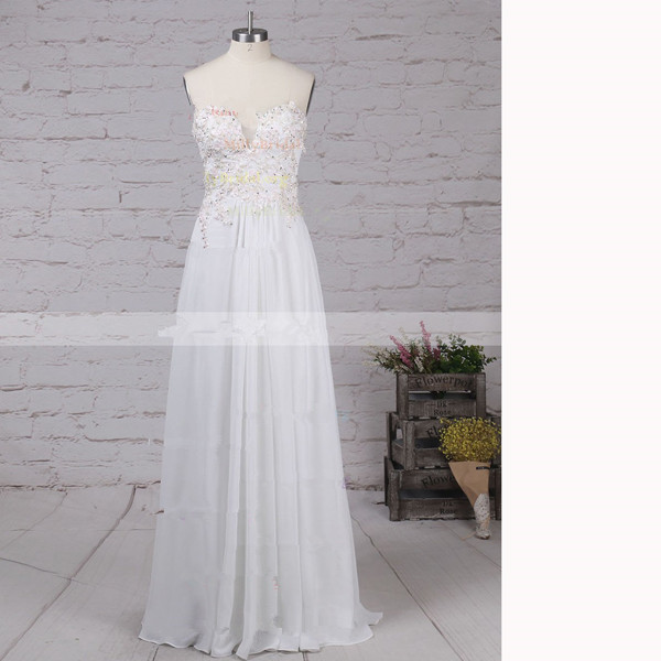A-line Sweetheart Chiffon Ankle-length Appliques Lace White Long Prom Dresses