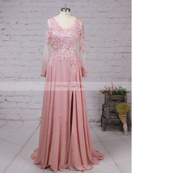 A-line V-neck Chiffon Tulle Sweep Train Beading Appliques Lace Pink Sexy Long Prom Dresses
