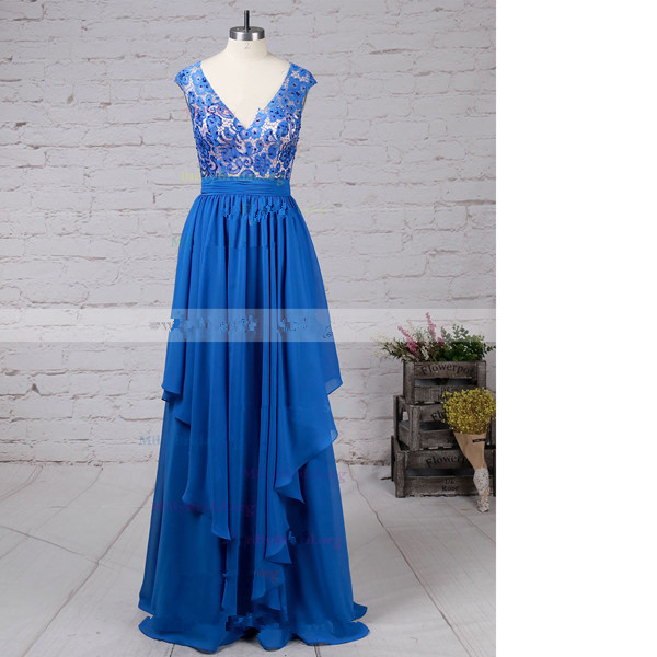 A-line V-neck Lace Chiffon Floor-length Beading Open Back Sweet Flow Long Prom Dresses