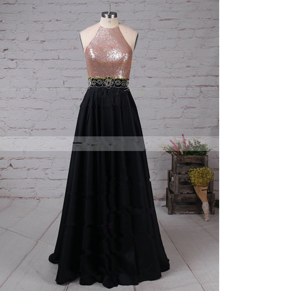 A-line Scoop Neck Satin Sequined Floor-length Beading Black Long Prom Dresses