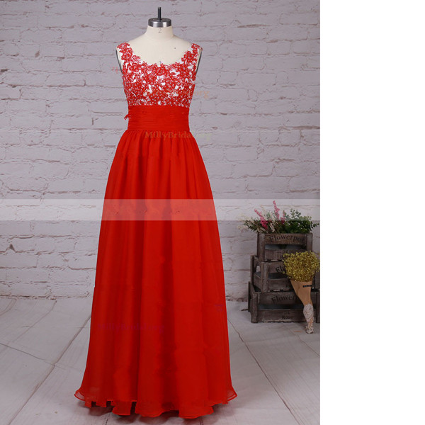 A-line Scoop Neck Chiffon Floor-length Beading Red Long Prom Dresses