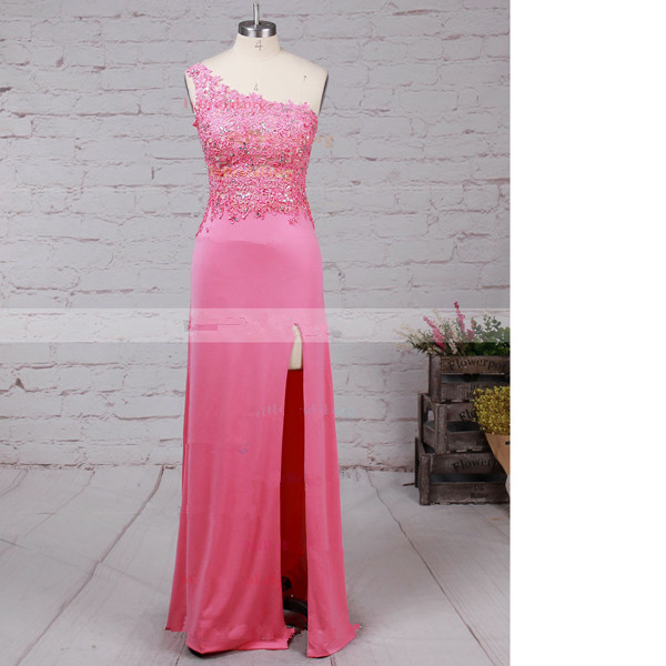 Sheath/column One Shoulder Tulle Jersey Floor-length Beading Pink Long Prom Dresses
