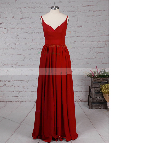 A-line V-neck Chiffon Floor-length Sashes/ribbons Open Back Burgundy Long Prom Dresses