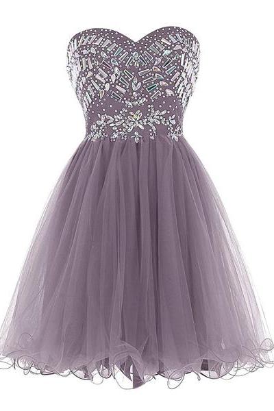 A-line Sweetheart Tulle Short Mini Strapless Cascading Ruffles Crystal Detailing Homecoming Dress