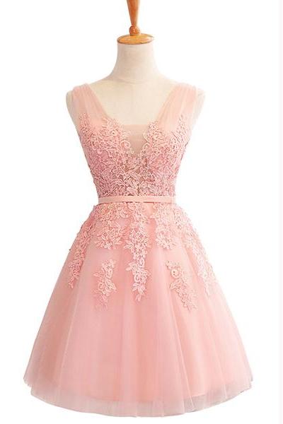 Appliques Lace A-line Short Mini Lace-up V-neck Tulle Homecoming Dress