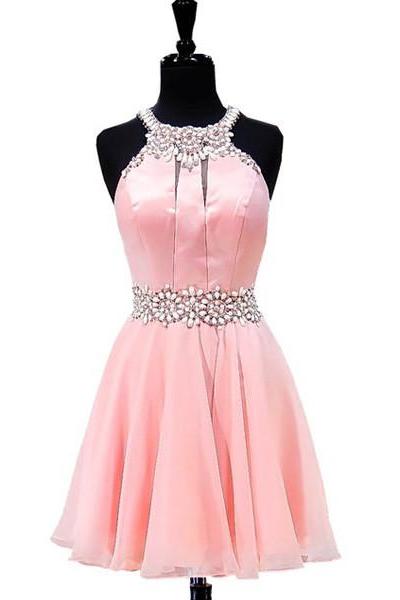 Custom Made Light Pink Halter Neckline Pearl And Crystal Beading Chiffon Evening Dress, Homecoming Dress, Cocktail Dresses, Graduation Dresses