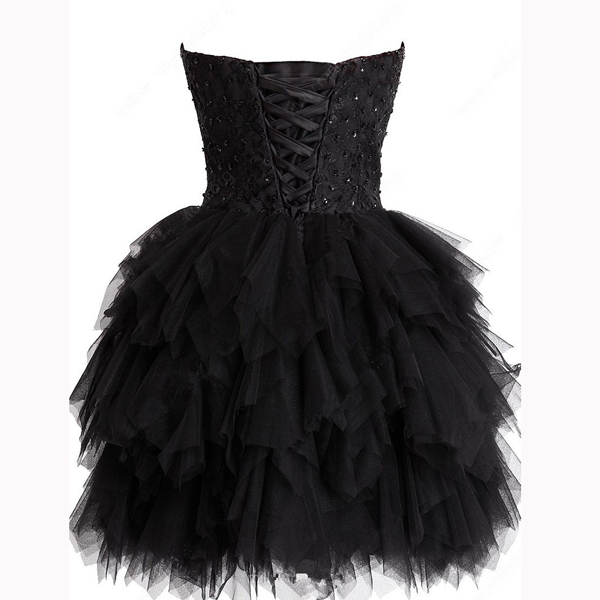 Black Short Mini A-Line Tulle Sweetheart Lace Sleeveless Beading Tiered ...