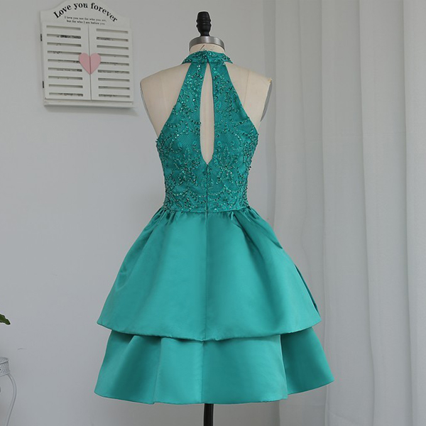 Green A-line High Neck Knee-length Tiered Beaded Appliques Lace ...